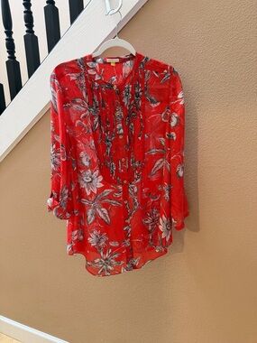 leifsdottir Cattleya Red Floral Silk Button-Up Blouse